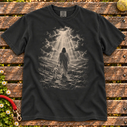 Black T-shirt showing Jesus walking beside a Dalmatian beneath rays of light