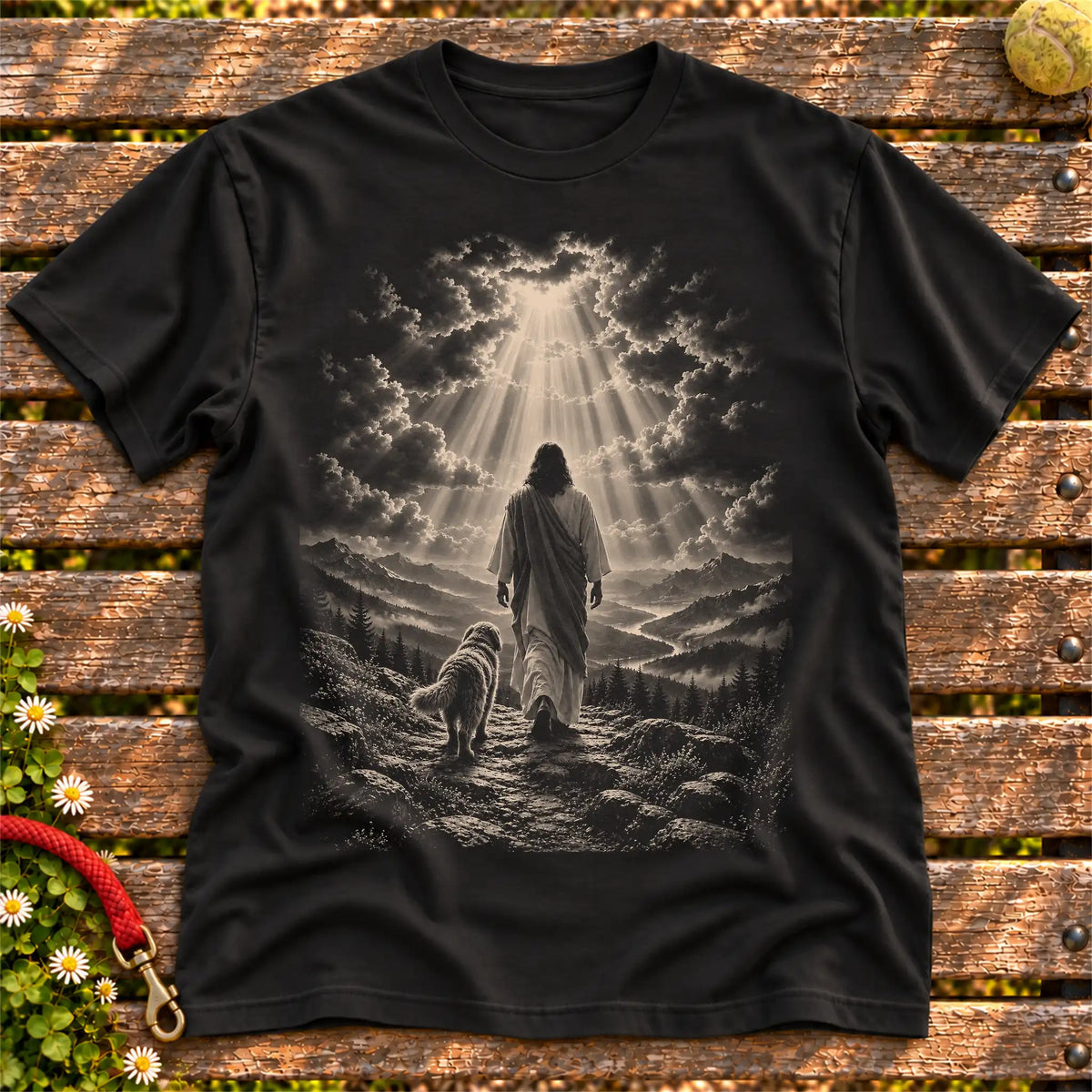 Black T-shirt showing Jesus walking beside a Labradoodle beneath rays of light