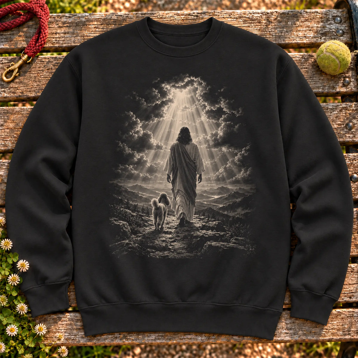 Black crewneck sweatshirt showing Jesus walking beside a Miniature Poodle beneath rays of light