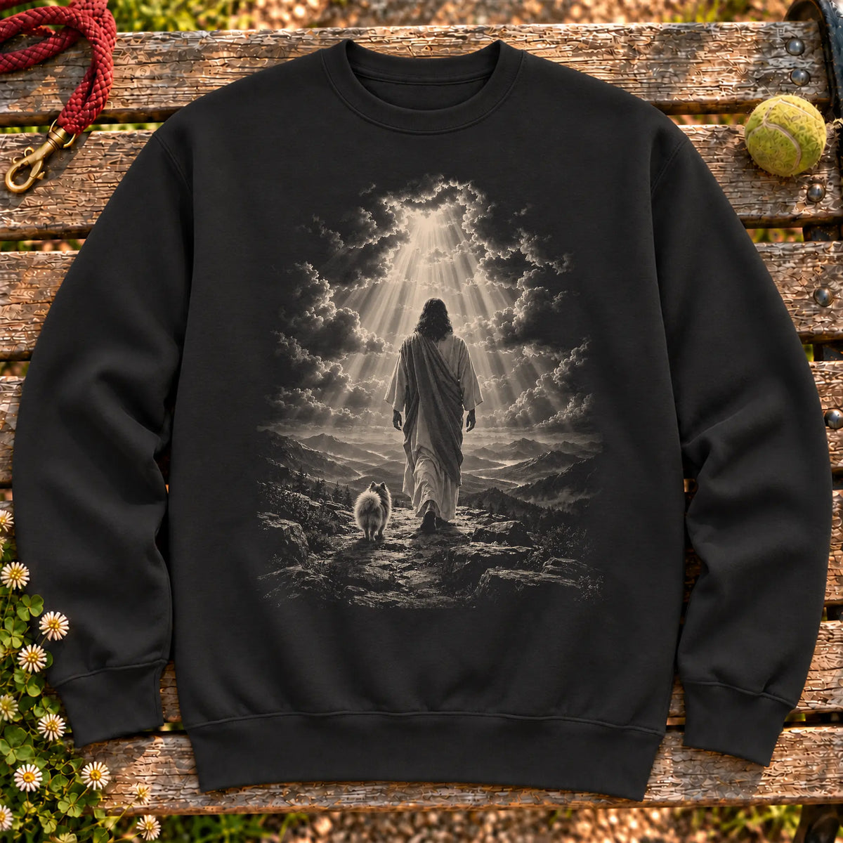 Black crewneck sweatshirt showing Jesus walking beside a Pomeranian beneath rays of light