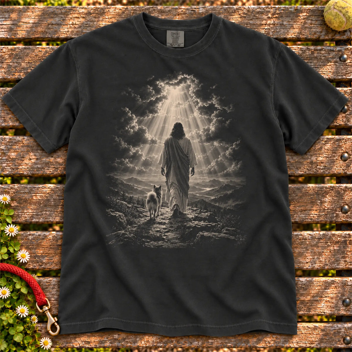 Black T-shirt showing Jesus walking beside a Shiba Inu beneath rays of light