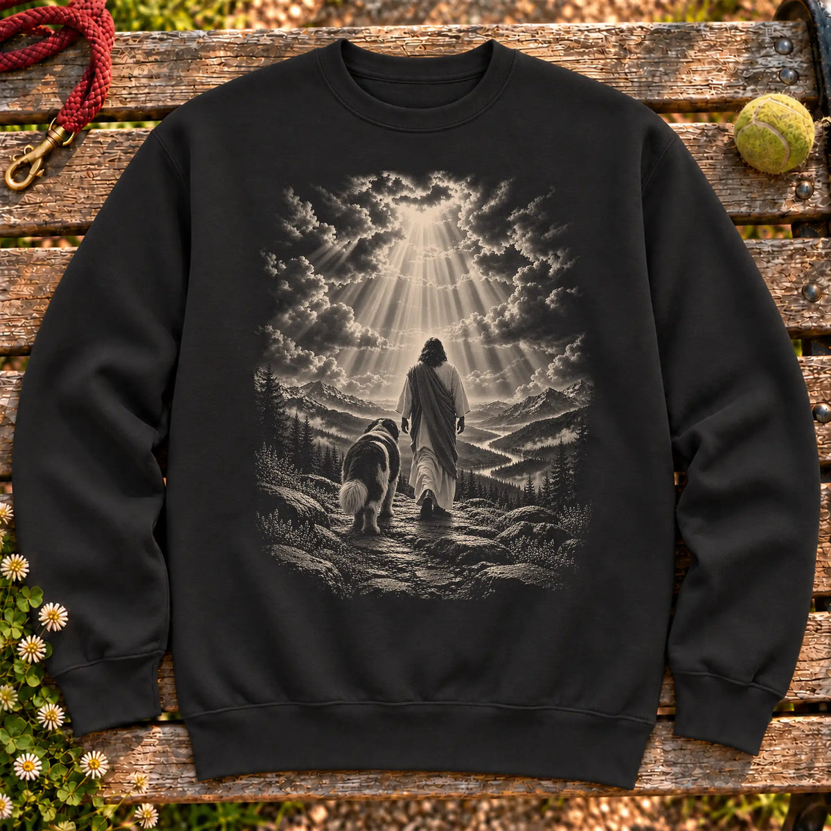 Black crewneck sweatshirt showing Jesus walking beside a St Bernard beneath rays of light