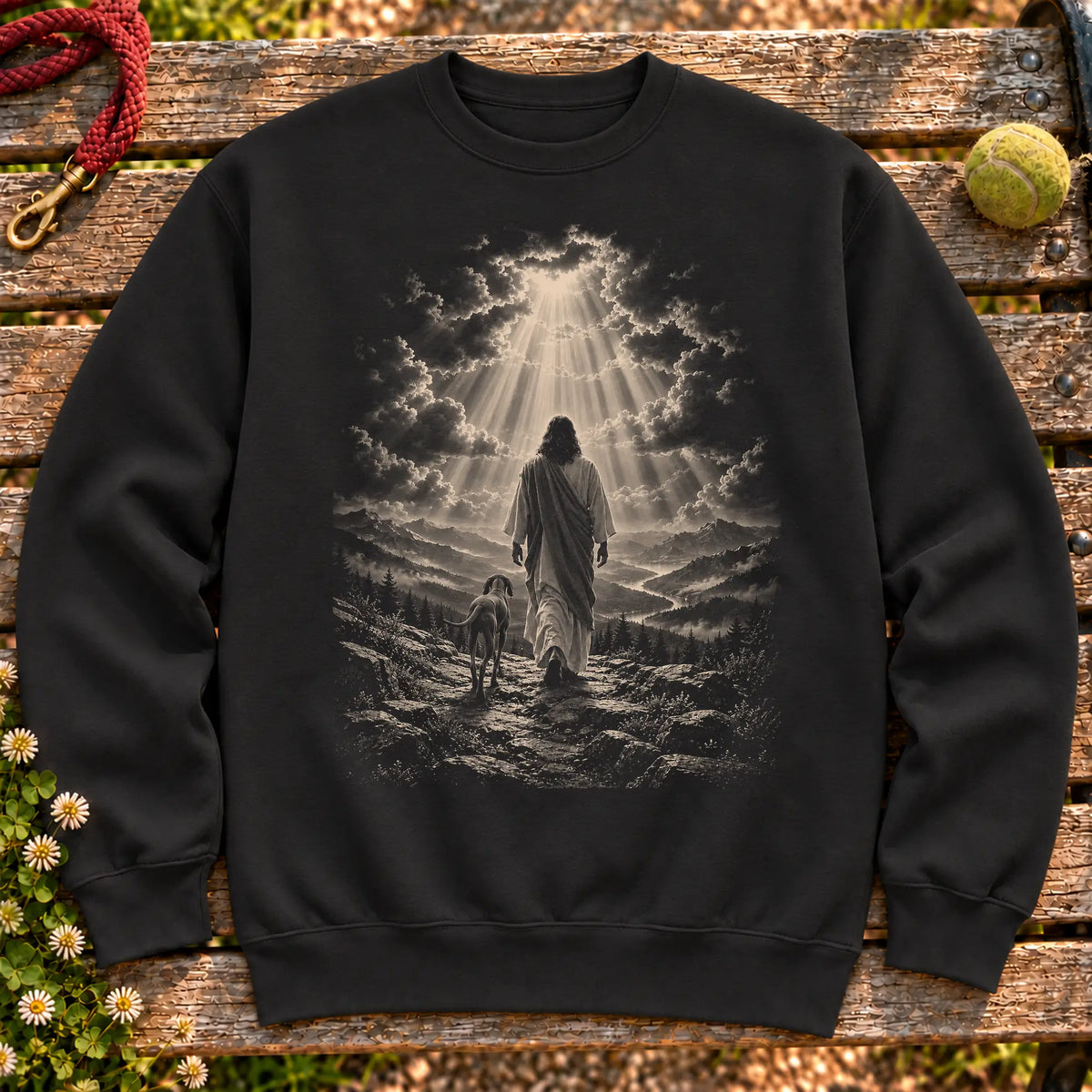 Black crewneck sweatshirt showing Jesus walking beside a Vizsla beneath rays of light