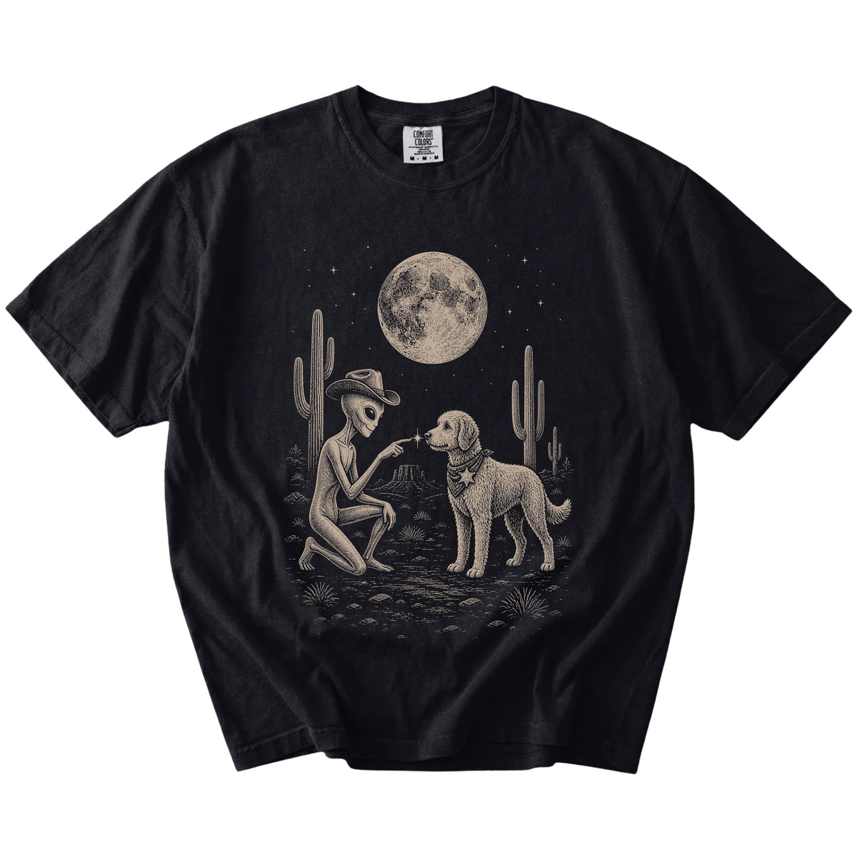 Cowboy alien fist-bumping a Labradoodle beneath the moon on a Black Comfort Colors® T-shirt