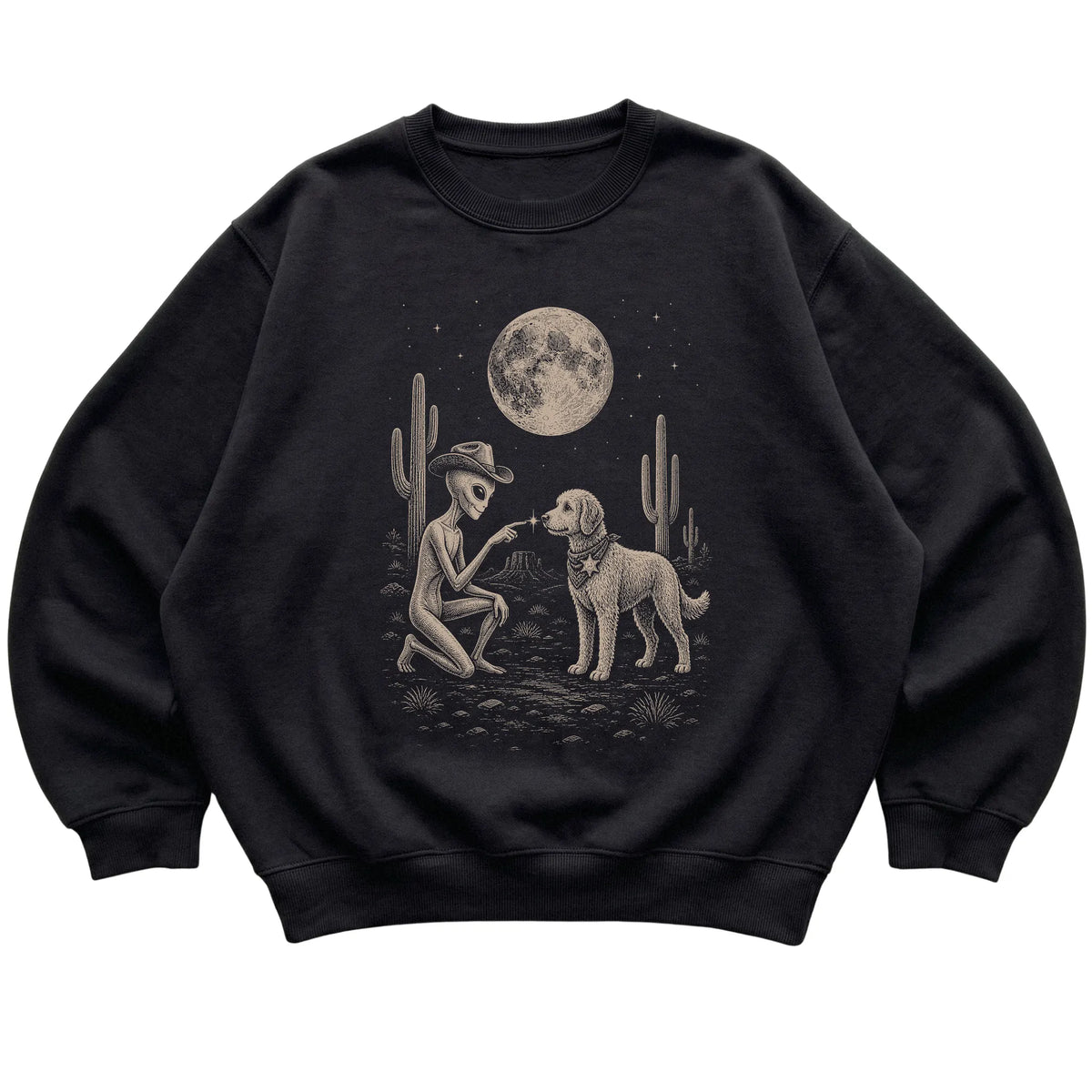Black crewneck sweatshirt featuring Labradoodle Cowboy and Alien, laid-flat presentation