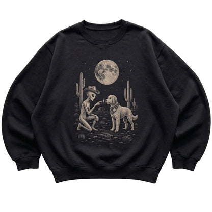 Black crewneck sweatshirt featuring Labradoodle Cowboy and Alien, laid-flat presentation