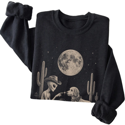 Black crewneck sweatshirt featuring Labradoodle Cowboy and Alien, folded presentation