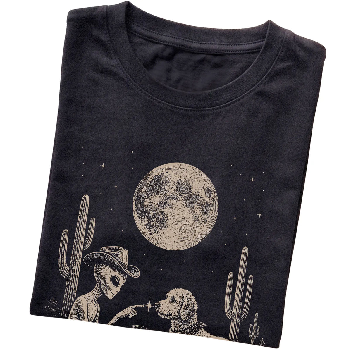 Black T-shirt featuring Labradoodle Cowboy and Alien, folded presentation