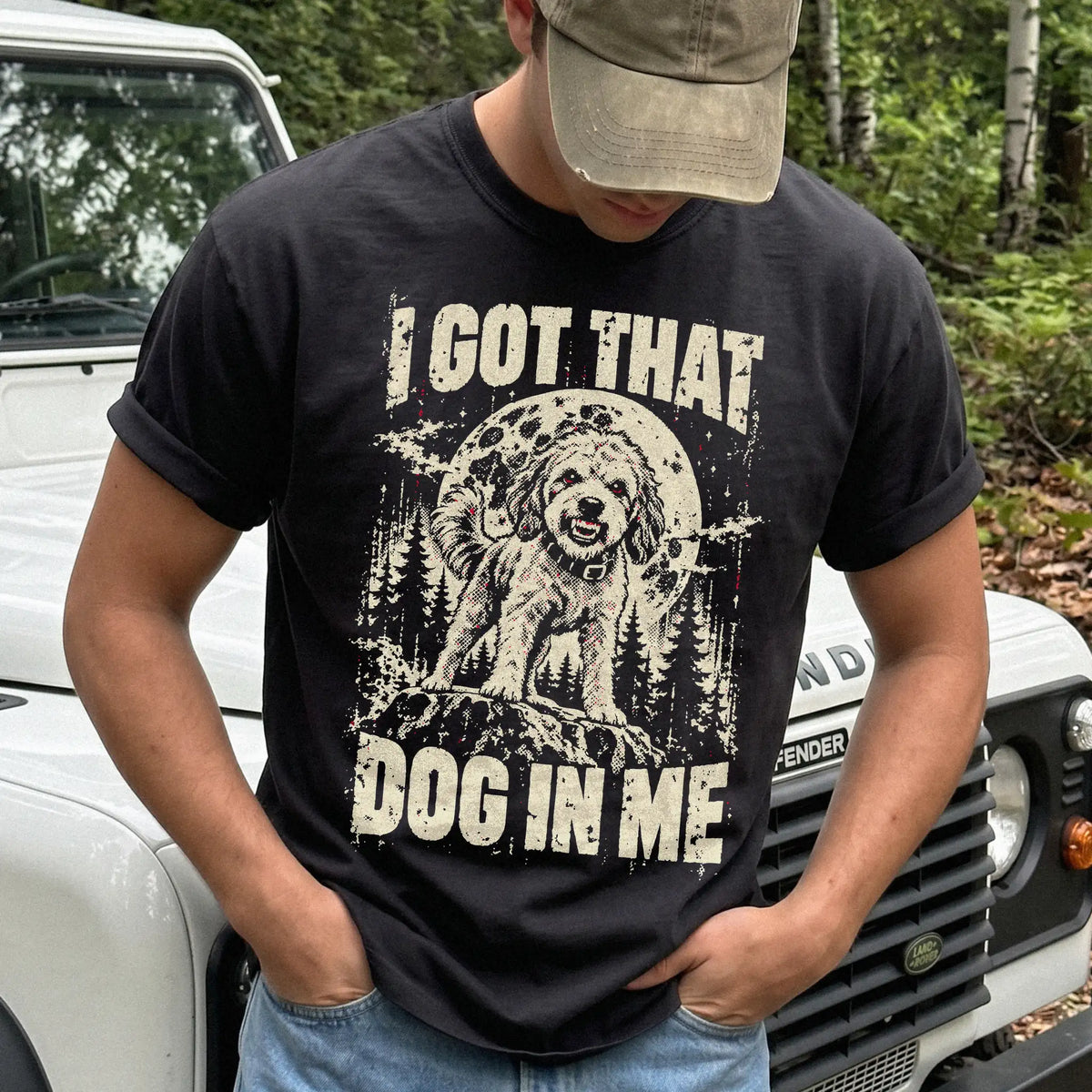 Black Labradoodle I Got That Dog in Me T-shirt, worn by a model