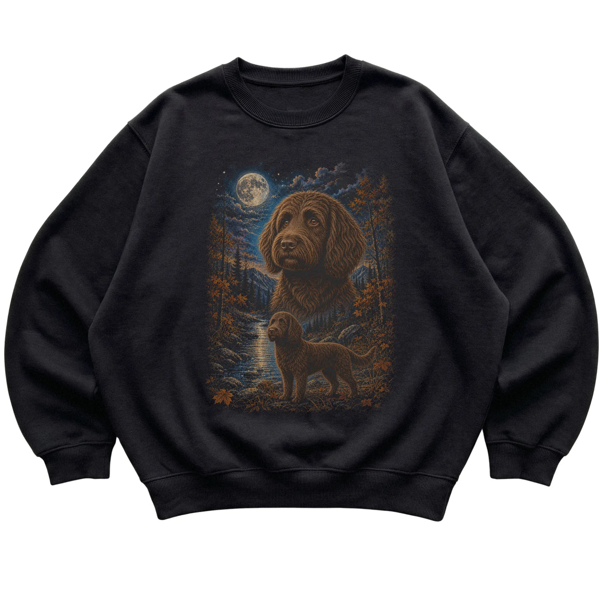 black sweatshirt with Labradoodle Autumn Moon artwork.