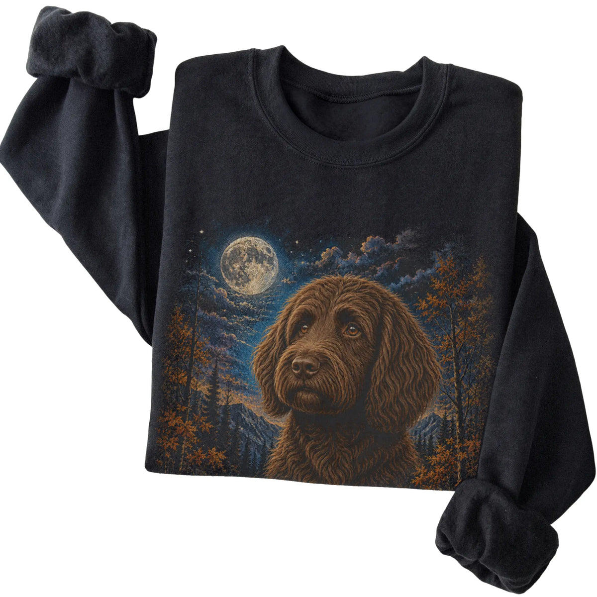 Folded black sweatshirt with Labradoodle Autumn Moon artwork.