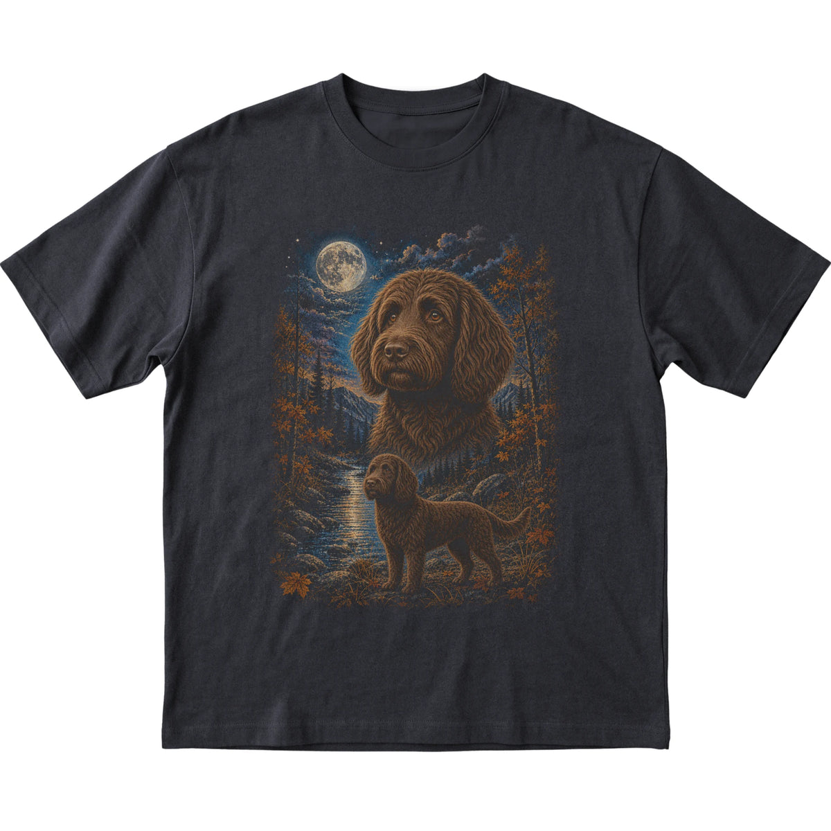 black T-shirt with Labradoodle Autumn Moon artwork.