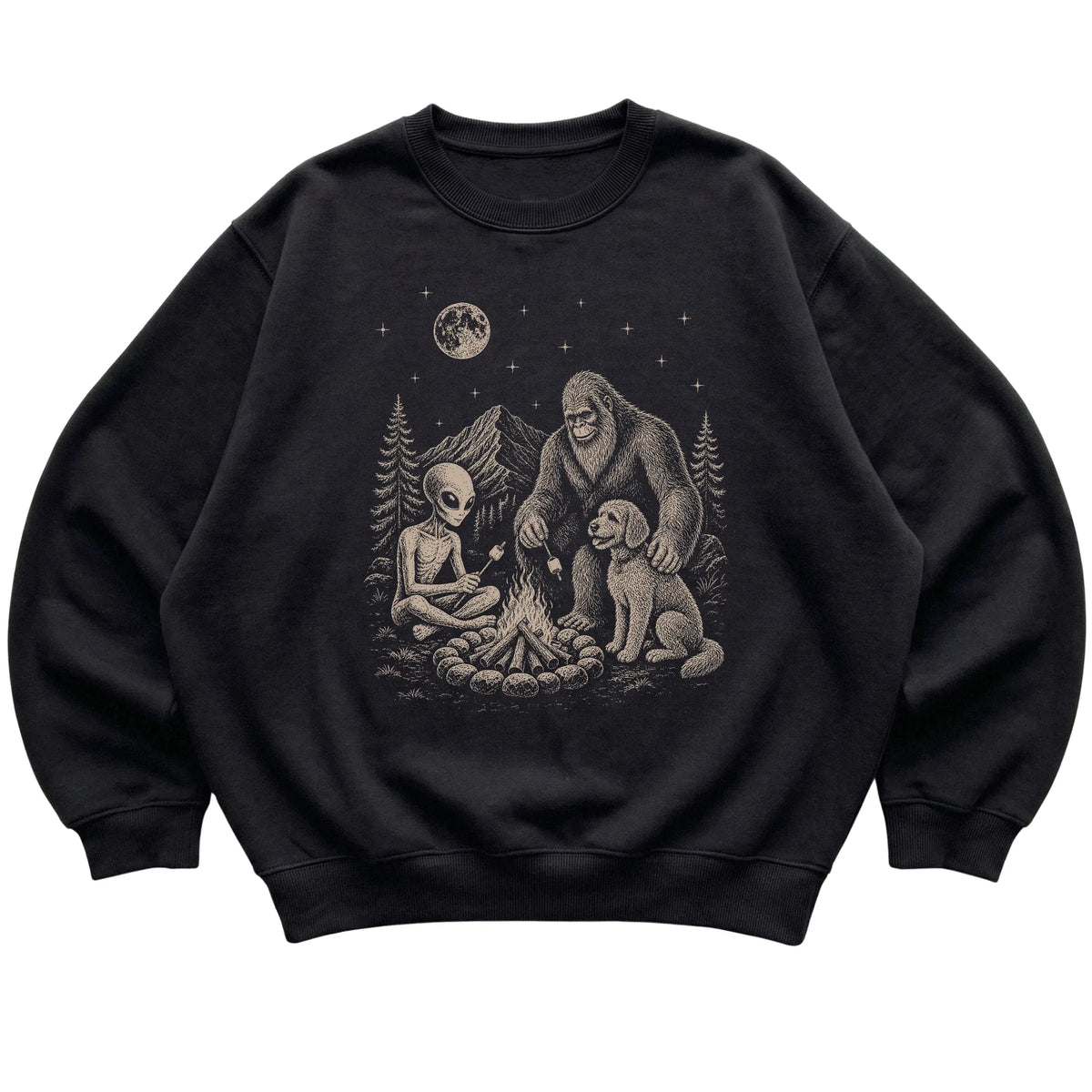 Black Labradoodle Camping with Bigfoot and Alien shirt laid flat