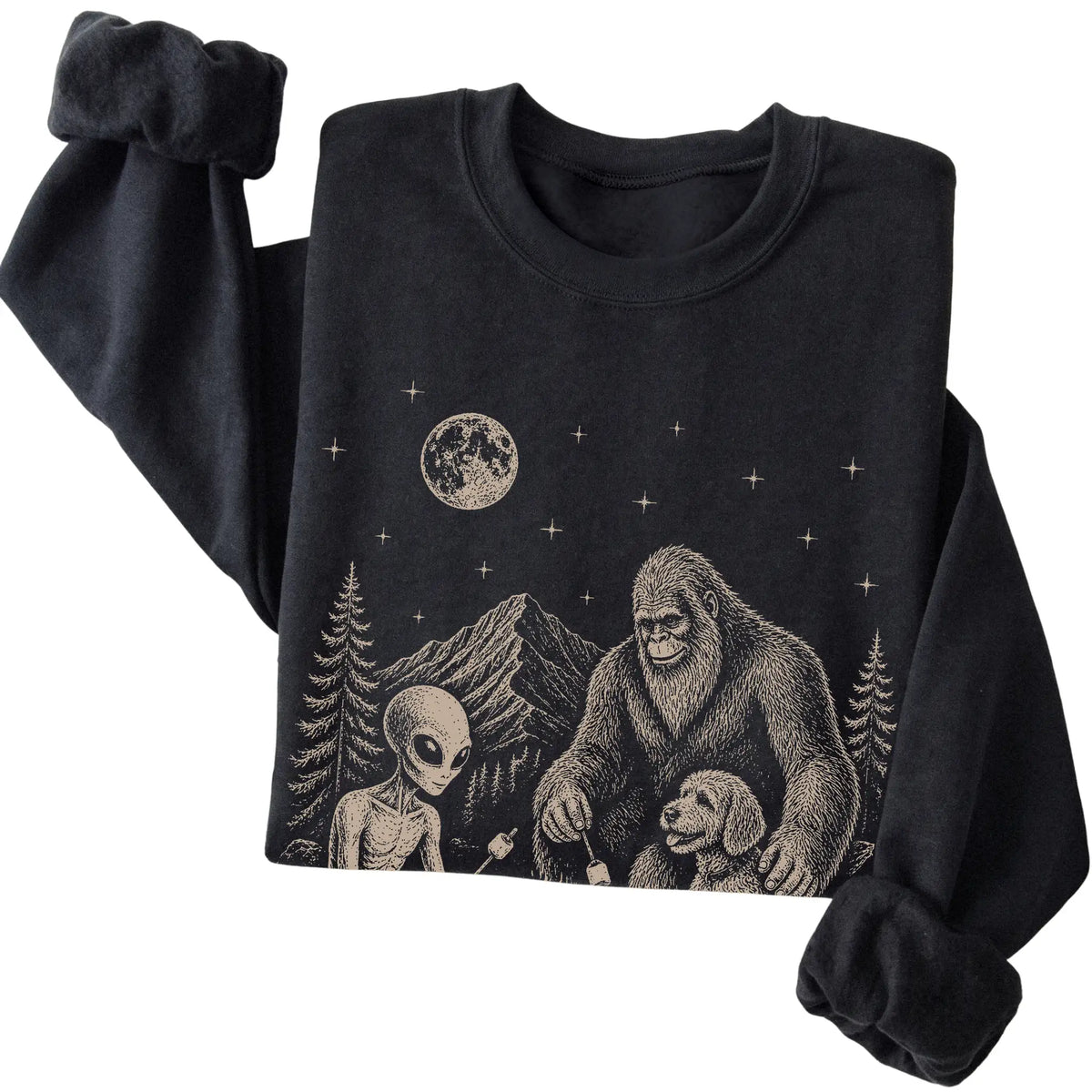 Black Labradoodle Camping with Bigfoot and Alien folded detail view