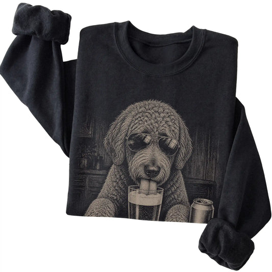 Black Labradoodle drinking from a pint at a bar, folded detail view