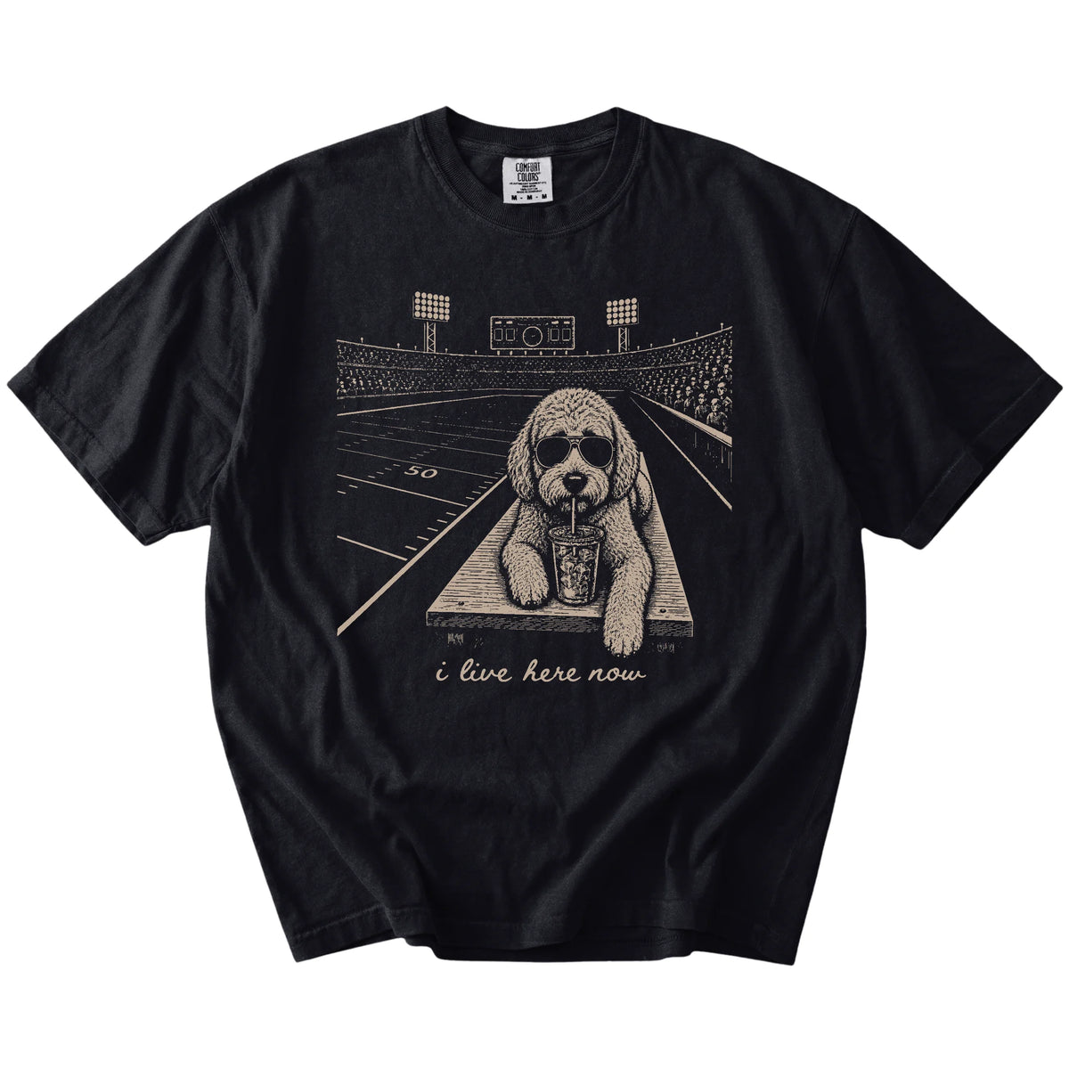 Labradoodle ready for football and tailgate season on a Black Comfort Colors® T-shirt