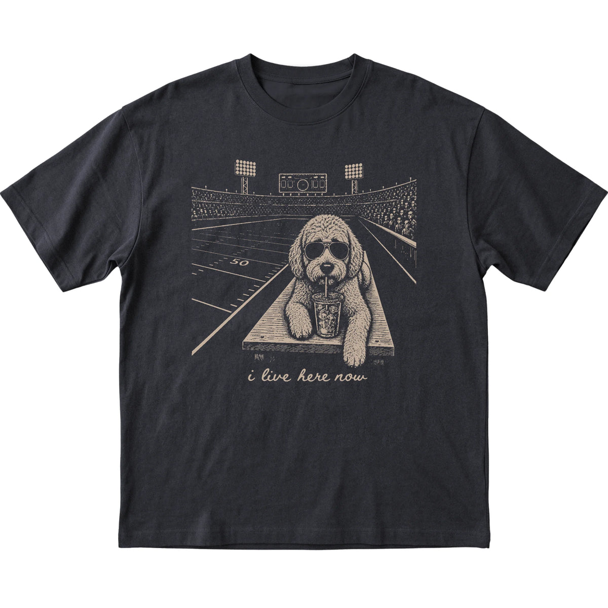 Black Labradoodle Football Tailgate T-shirt, laid flat