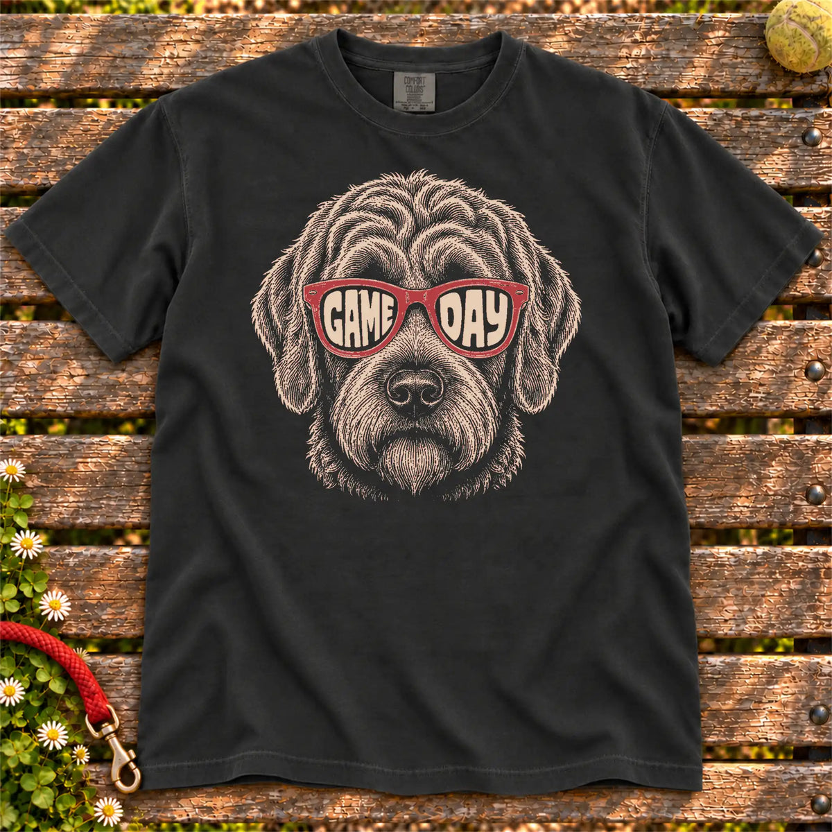 Labradoodle Game Day design on a Black Comfort Colors T-shirt, shown flat