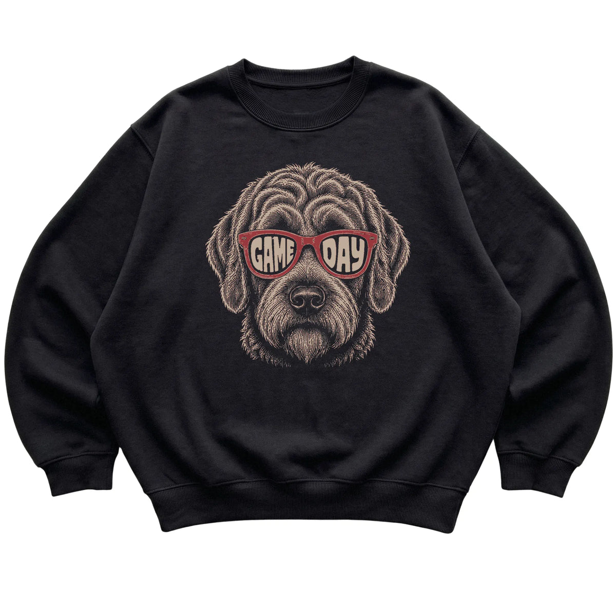 Black Labradoodle Game Day Sunglasses sweatshirt, laid flat