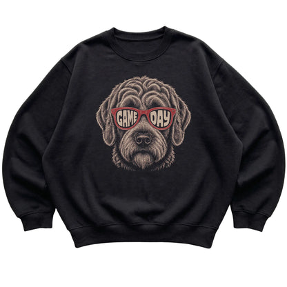 Black Labradoodle Game Day Sunglasses sweatshirt, laid flat