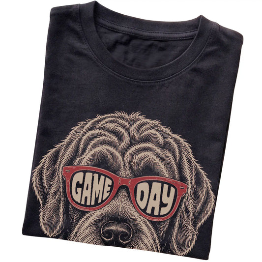 Black Labradoodle Game Day Sunglasses T-shirt, folded