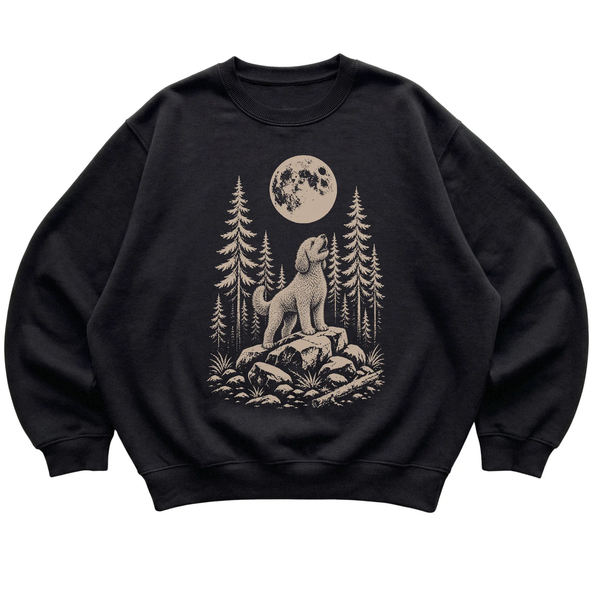 Close view of Labradoodle Howling at the Moon artwork on Black crewneck sweatshirt
