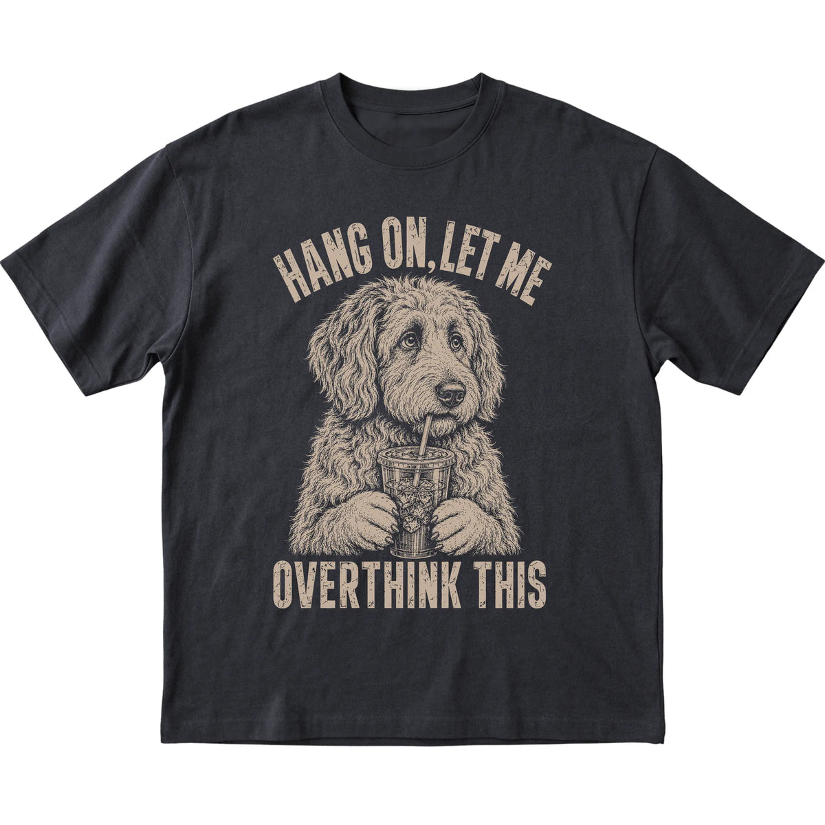 Black T-shirt featuring Overthinking Labradoodle, laid-flat presentation