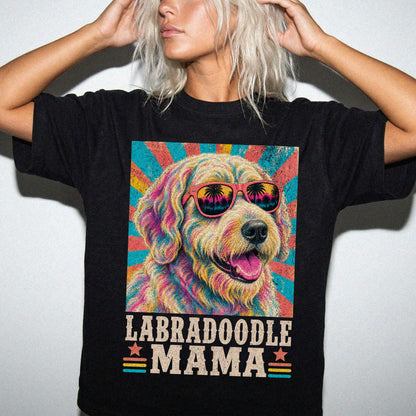Retro Labradoodle Mama design on a Black Comfort Colors T-shirt worn by a model