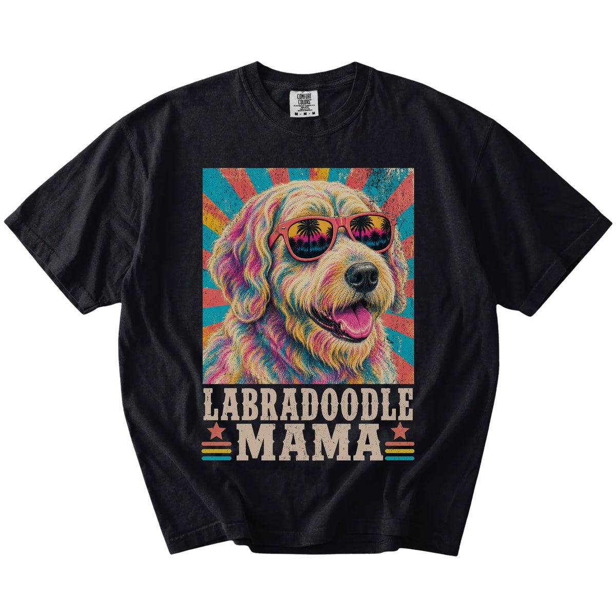 Retro Labradoodle Mama design on a Black Comfort Colors T-shirt