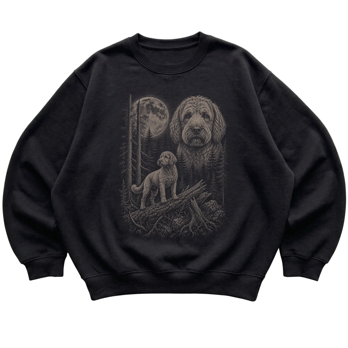 Labradoodle Moonlit Forest graphic on a black crewneck sweatshirt laid flat