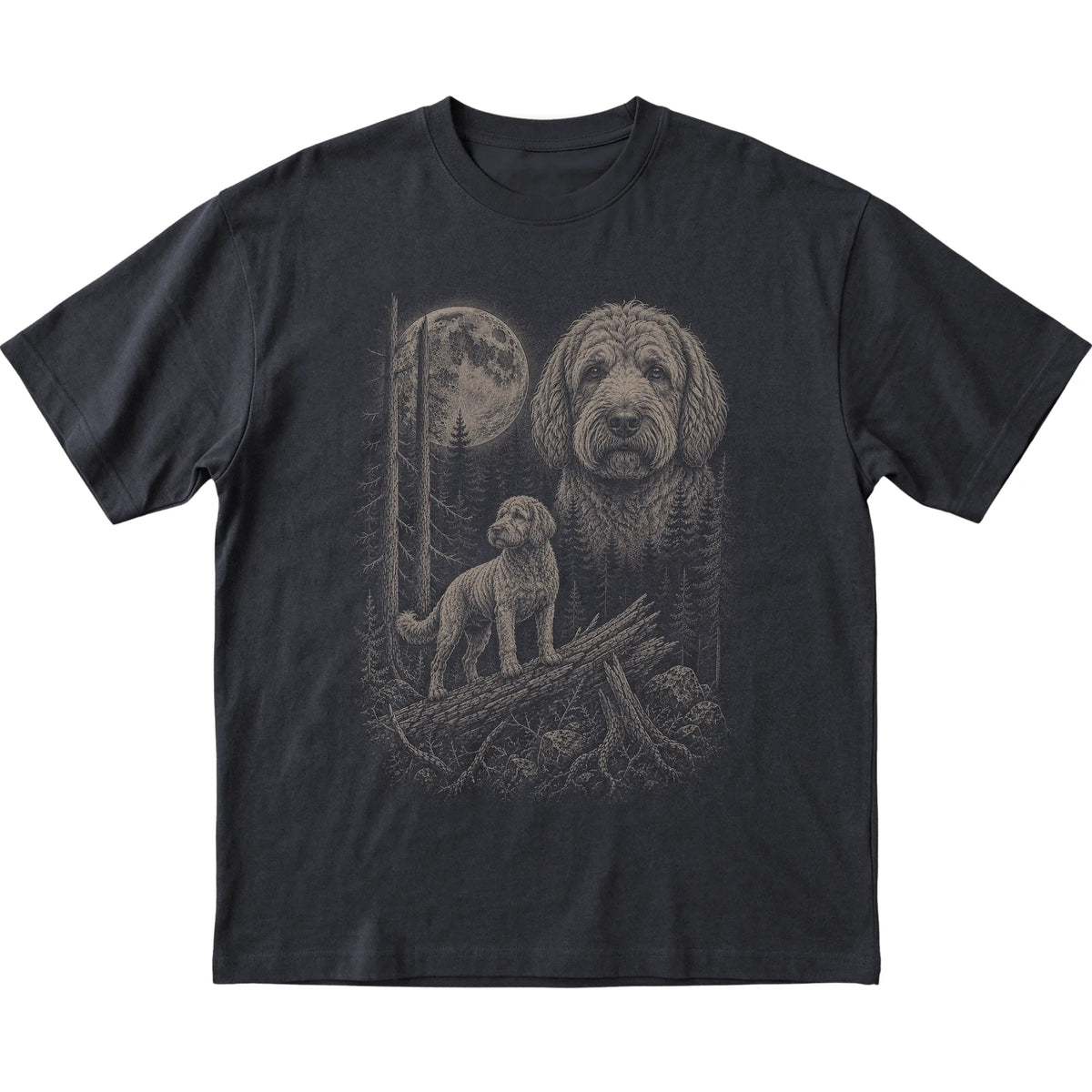 Labradoodle Moonlit Forest graphic on a black Softstyle T-shirt laid flat