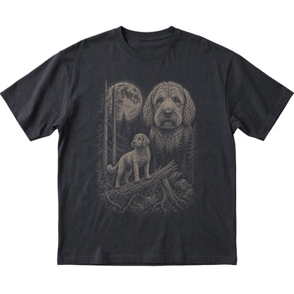 Labradoodle Moonlit Forest graphic on a black Softstyle T-shirt laid flat