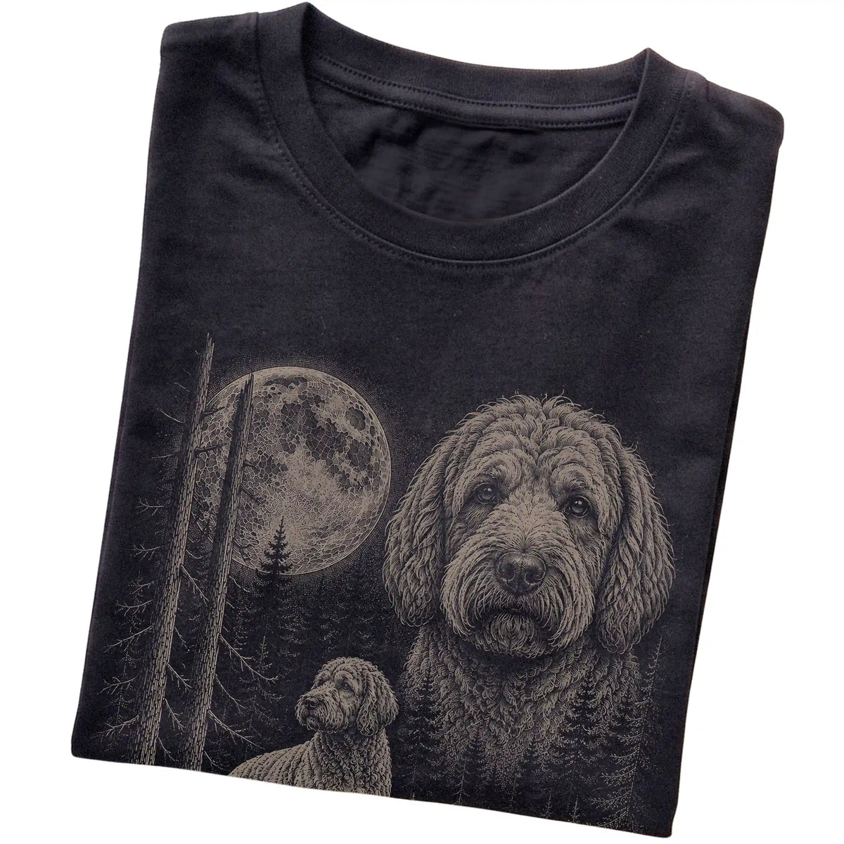 Folded black Softstyle T-shirt showing the Labradoodle Moonlit Forest graphic