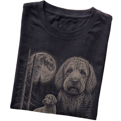 Folded black Softstyle T-shirt showing the Labradoodle Moonlit Forest graphic