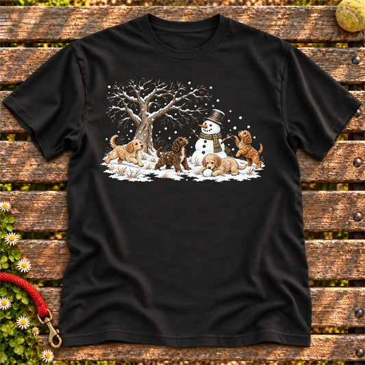 Labradoodle puppies playing in snow with a snowman on a Black T-shirt