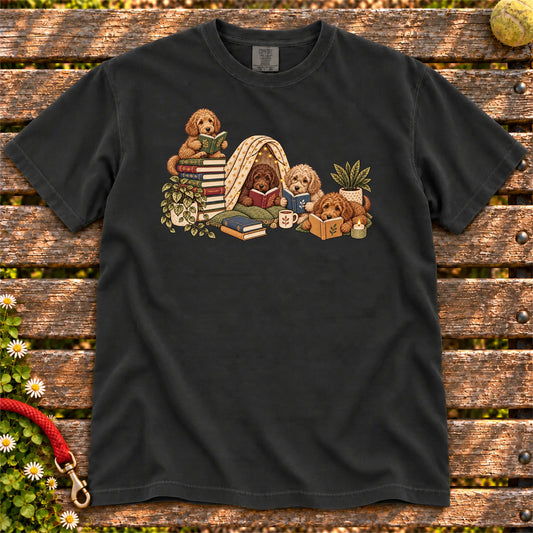Labradoodle puppies reading books in a cozy blanket fort on a Black T-shirt