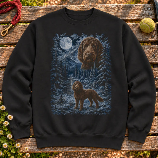 Labradoodle Winter Moon design on a Black crewneck sweatshirt shown flat