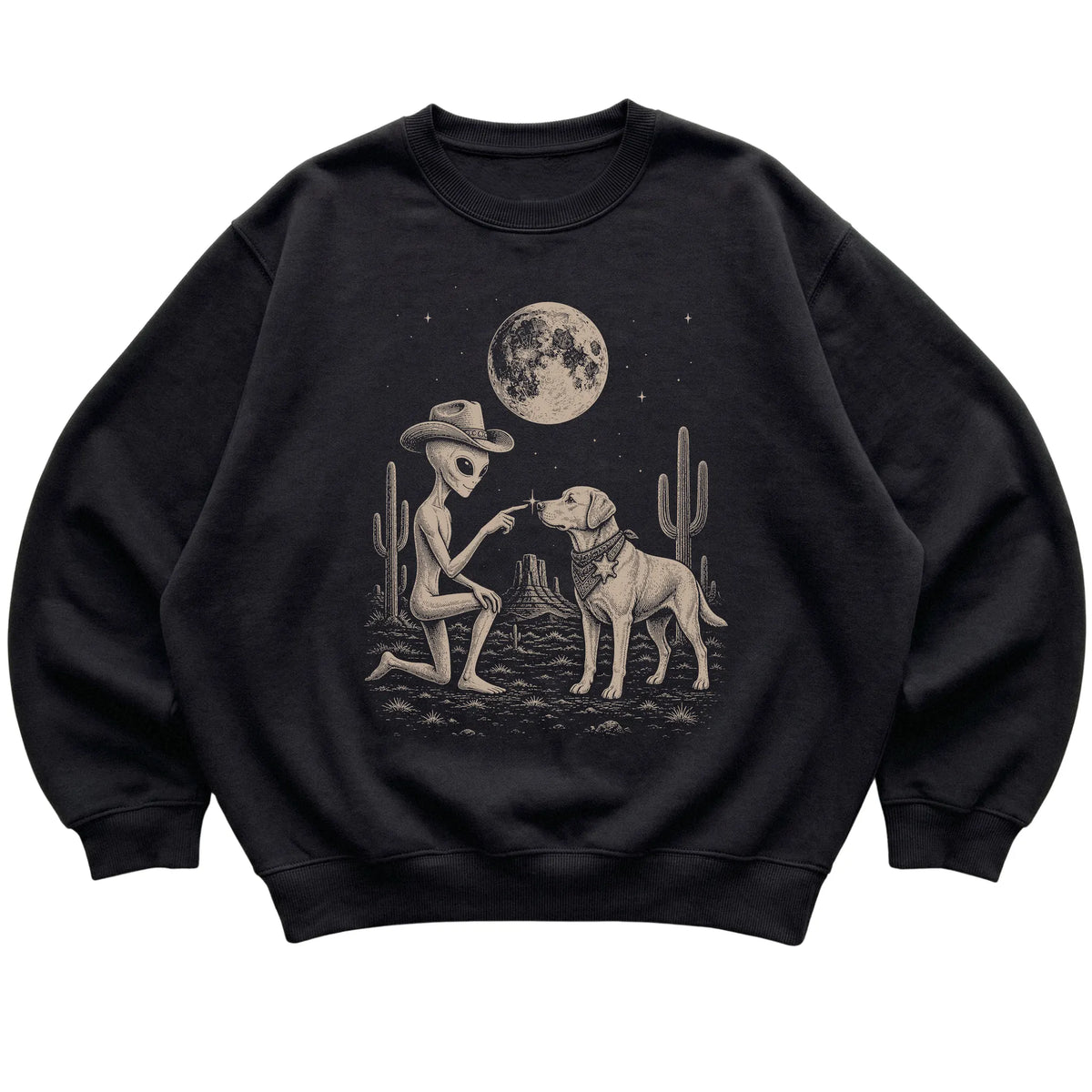 Black crewneck sweatshirt featuring Yorkie Cowboy and Alien, laid-flat presentation