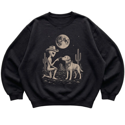 Black crewneck sweatshirt featuring Yorkie Cowboy and Alien, laid-flat presentation