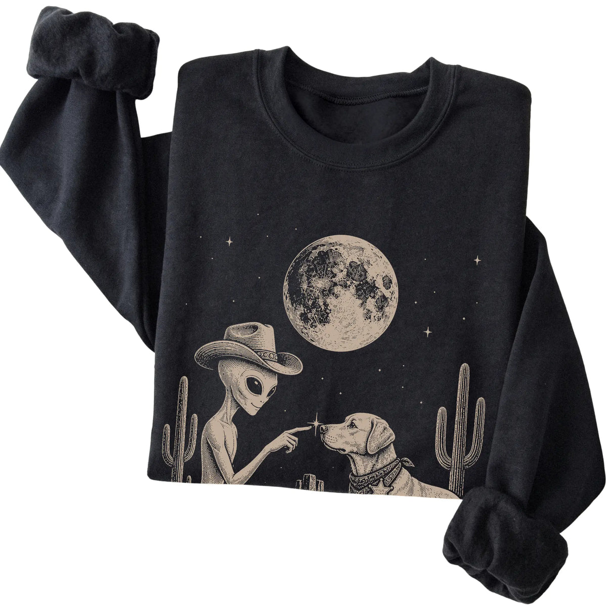Black crewneck sweatshirt featuring Yorkie Cowboy and Alien, folded presentation