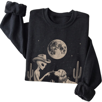 Black crewneck sweatshirt featuring Yorkie Cowboy and Alien, folded presentation