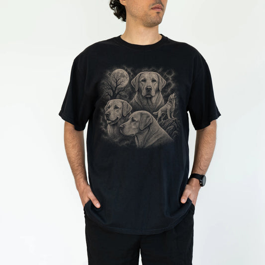 Model wearing a Black Comfort Colors® T-shirt with a vintage moon montage featuring Labrador Retriever