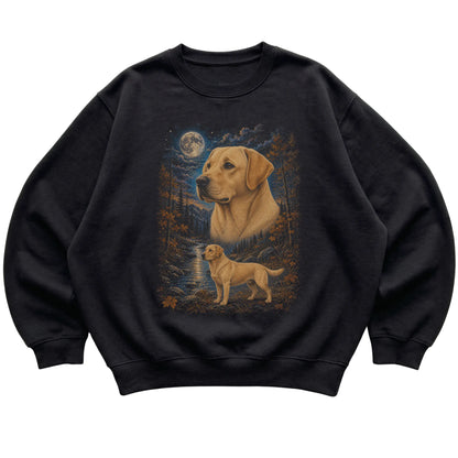 black sweatshirt with Labrador Retriever Autumn Moon artwork.