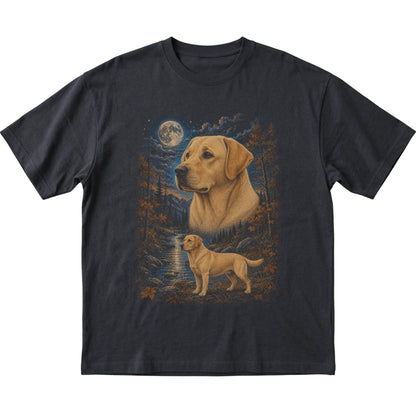 black T-shirt with Labrador Retriever Autumn Moon artwork.