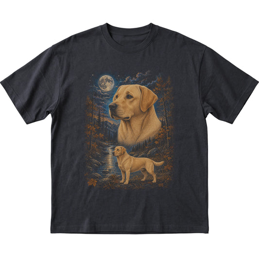 black T-shirt with Labrador Retriever Autumn Moon artwork.