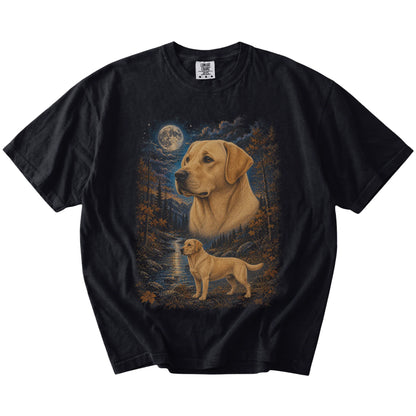 Labrador Retriever in a moonlit fall forest scene on a Black Comfort Colors® t-shirt