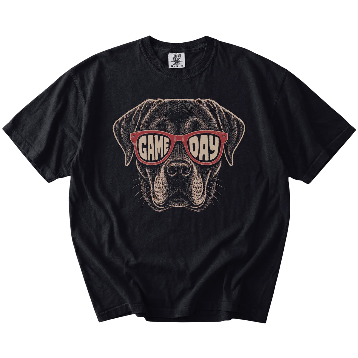 Labrador Retriever wearing red Game Day sunglasses on a Black Comfort Colors® T-shirt