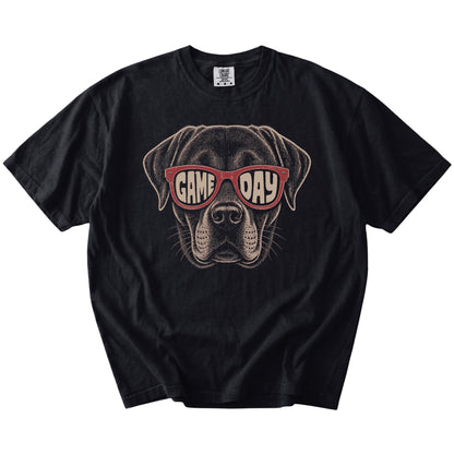 Labrador Retriever wearing red Game Day sunglasses on a Black Comfort Colors® T-shirt