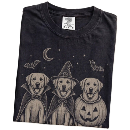 Folded Black Comfort Colors® T-shirt showing three Labrador Retriever dogs dressed for Halloween beneath bats and a crescent 