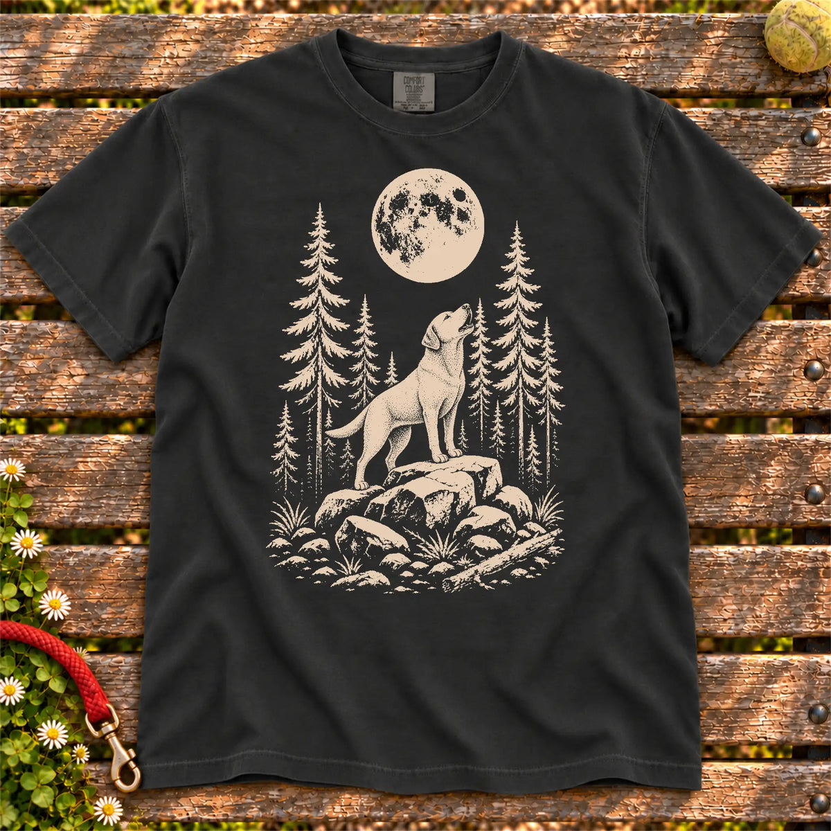 Labrador Retriever Howling at Moon design on a Black T-shirt shown flat